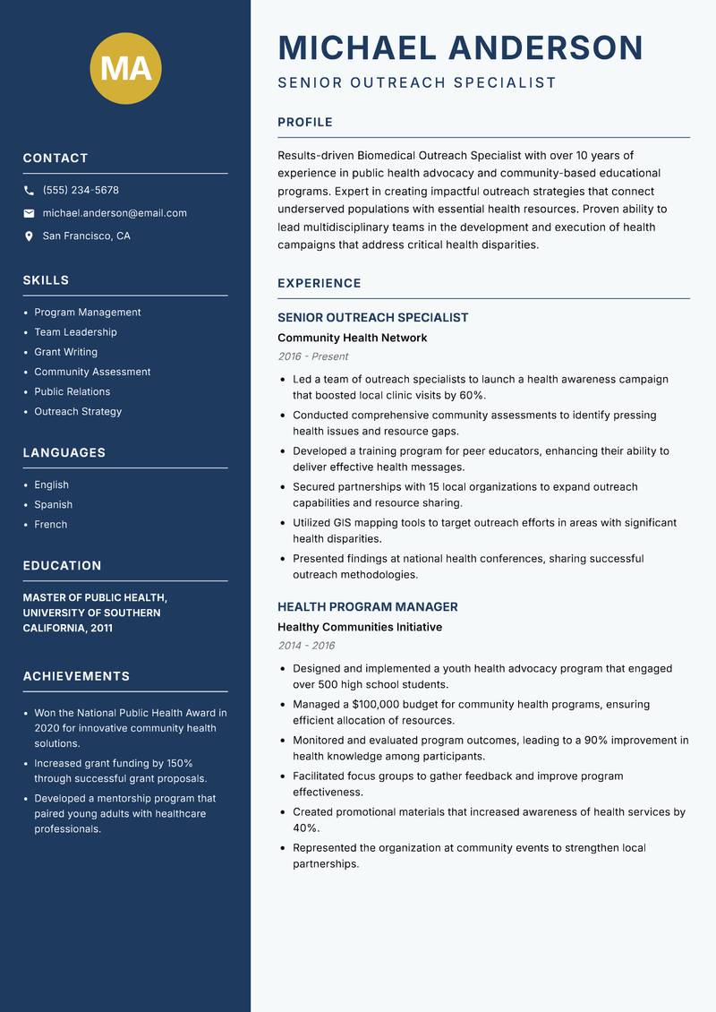 Biomedical Outreach Specialist resume sample — Senior Outreach Specialist focus