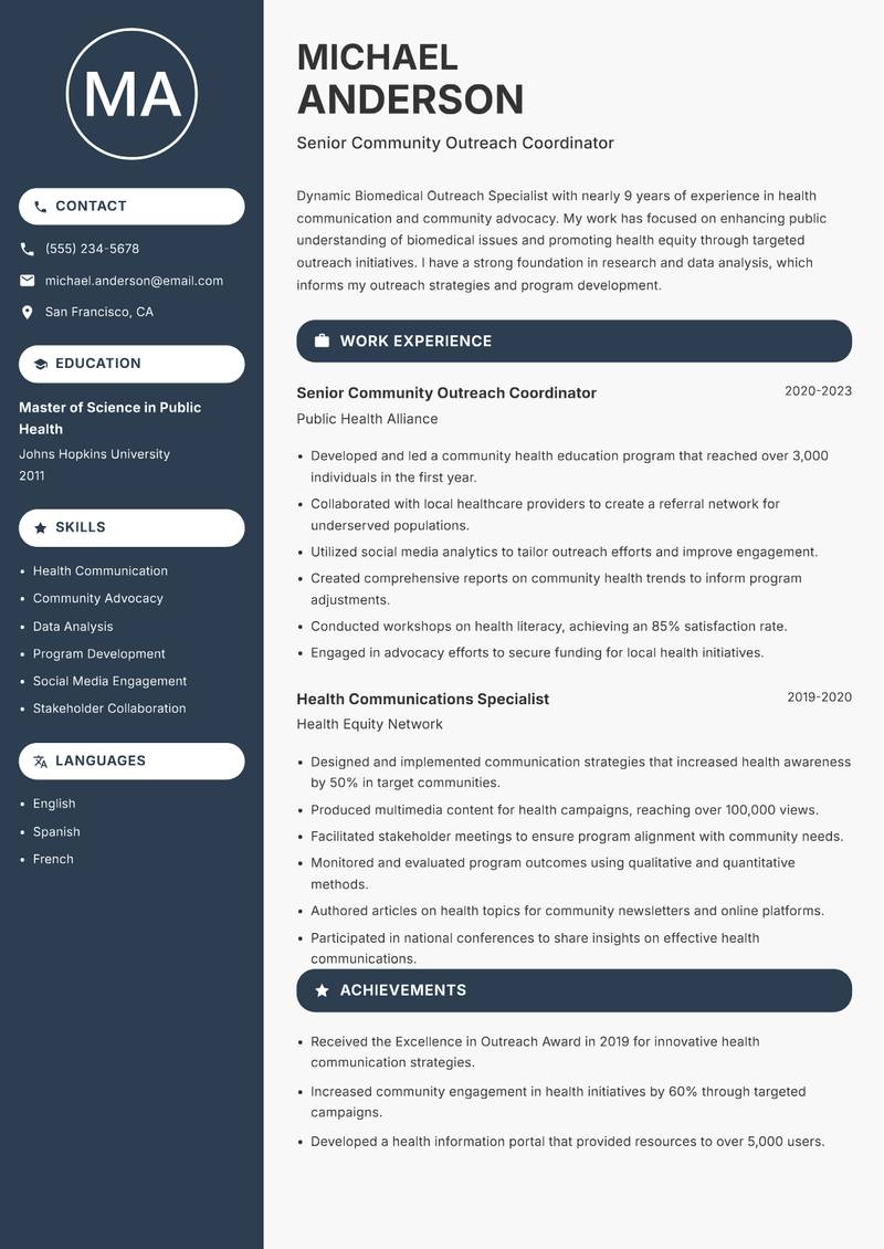 Biomedical Outreach Specialist resume sample — Senior Community Outreach Coordinator focus
