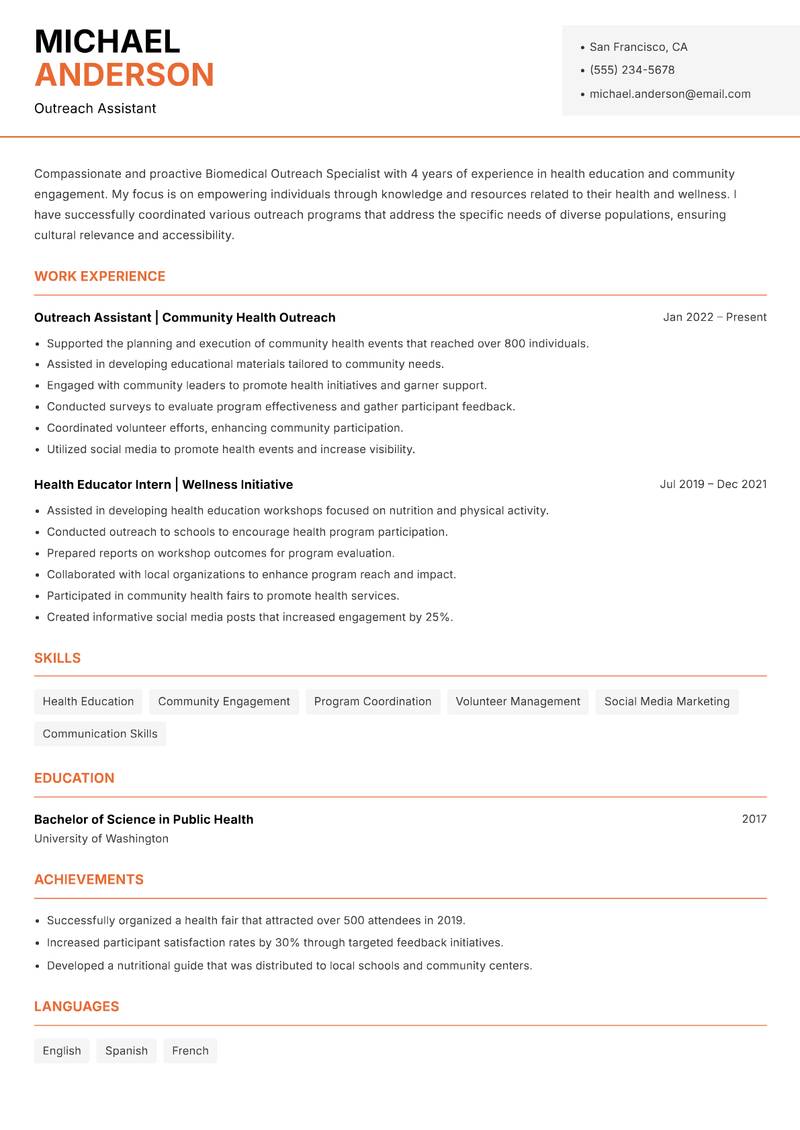 Biomedical Outreach Specialist resume sample — Outreach Assistant focus