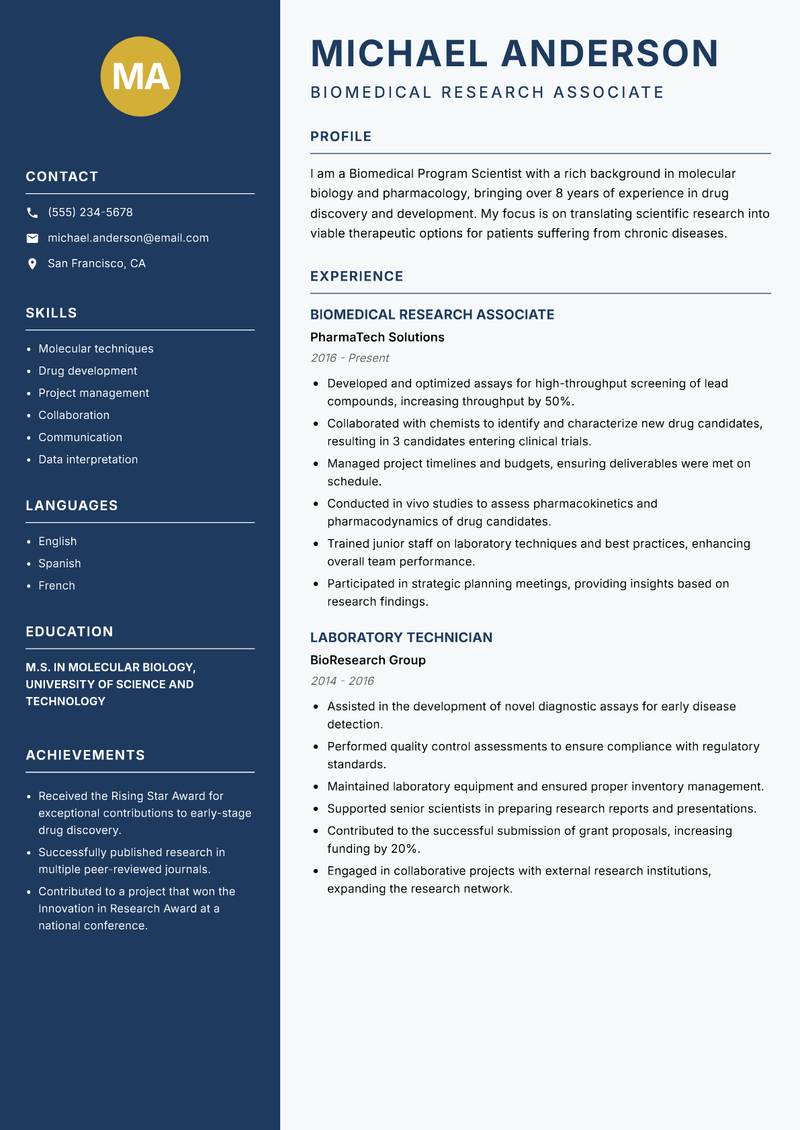 Biomedical Program Scientist resume sample — Biomedical Research Associate focus