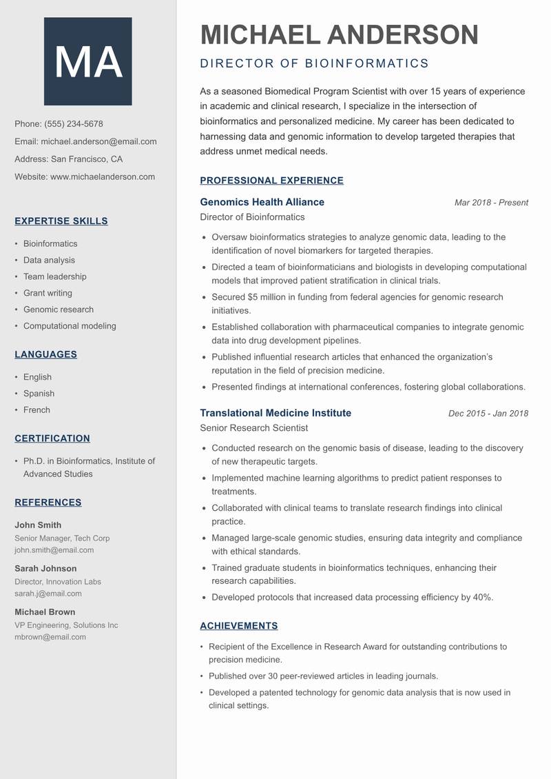 Biomedical Program Scientist resume sample — Director of Bioinformatics focus