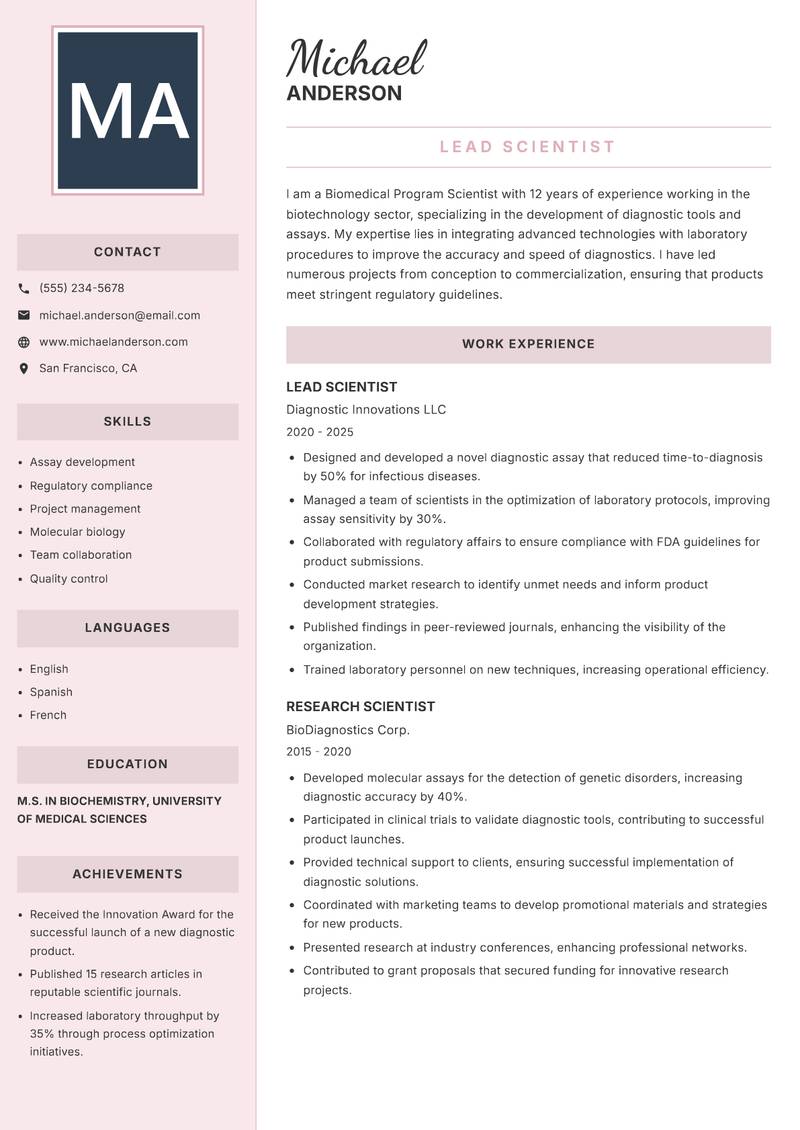 Biomedical Program Scientist resume sample — Lead Scientist focus