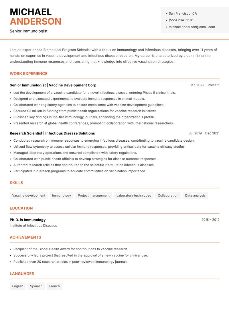 Biomedical Program Scientist resume sample — Senior Immunologist focus