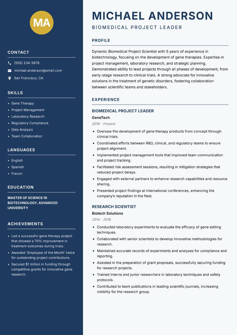 Biomedical Project Scientist resume sample — Biomedical Project Leader focus