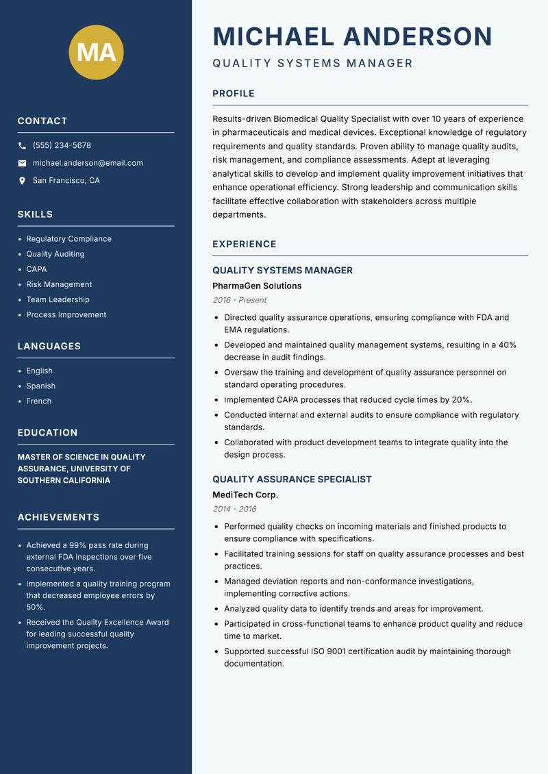 Biomedical Quality Specialist resume sample — Quality Systems Manager focus