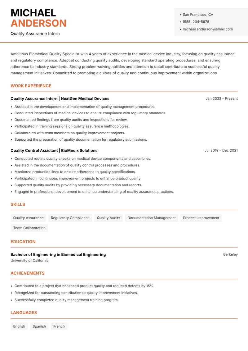 Biomedical Quality Specialist resume sample — Quality Assurance Intern focus