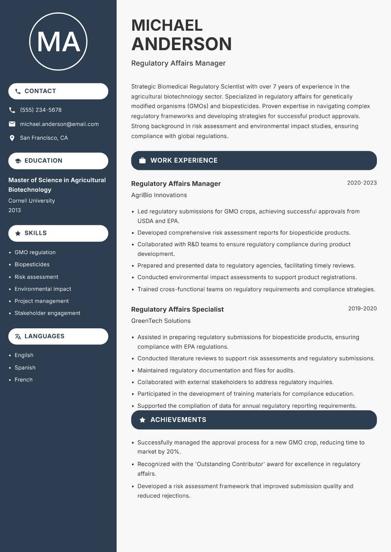 Biomedical Regulatory Scientist resume sample — Regulatory Affairs Manager focus