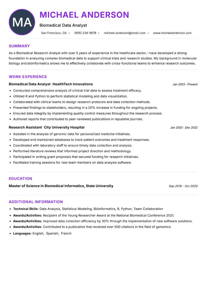 Biomedical Research Analyst resume example