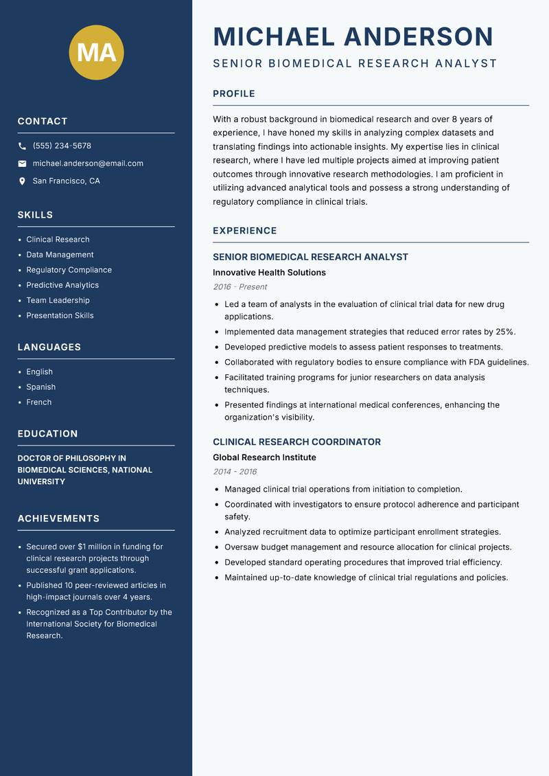 Biomedical Research Analyst resume sample — Senior Biomedical Research Analyst focus