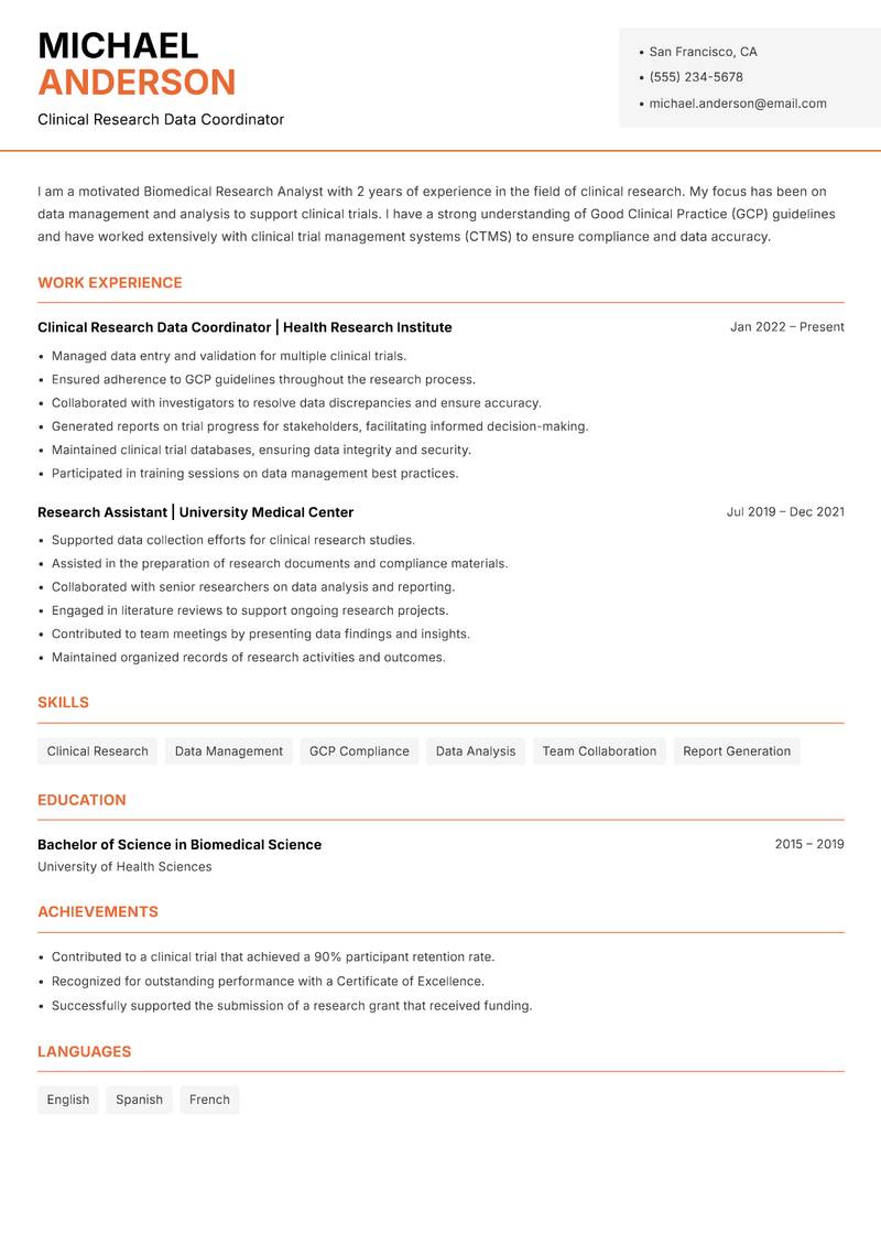 Biomedical Research Analyst resume sample — Clinical Research Data Coordinator focus