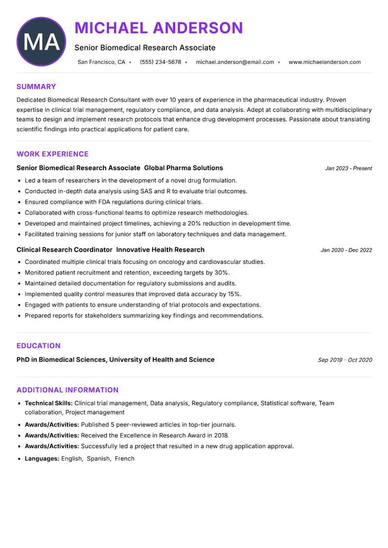 Biomedical Research Consultant resume example