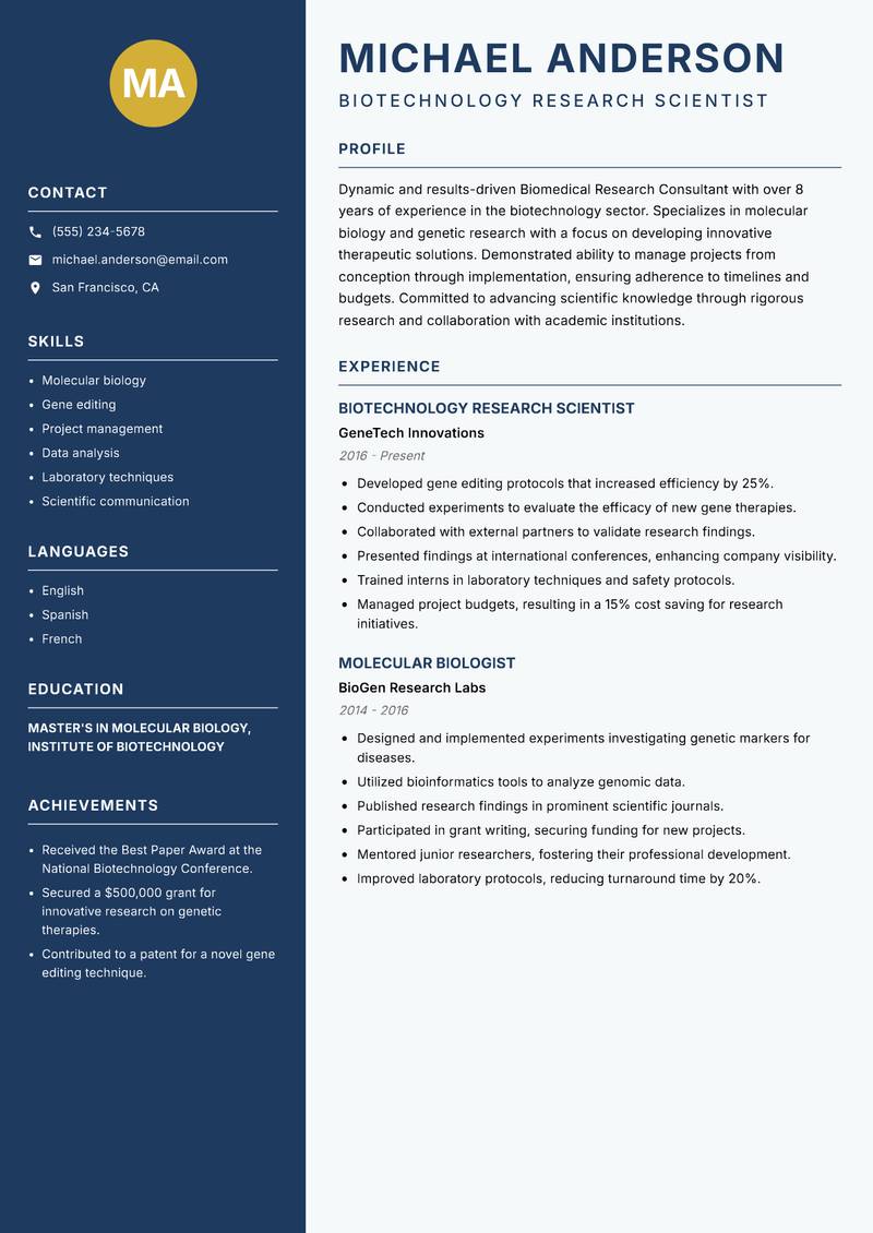 Biomedical Research Consultant resume sample — Biotechnology Research Scientist focus