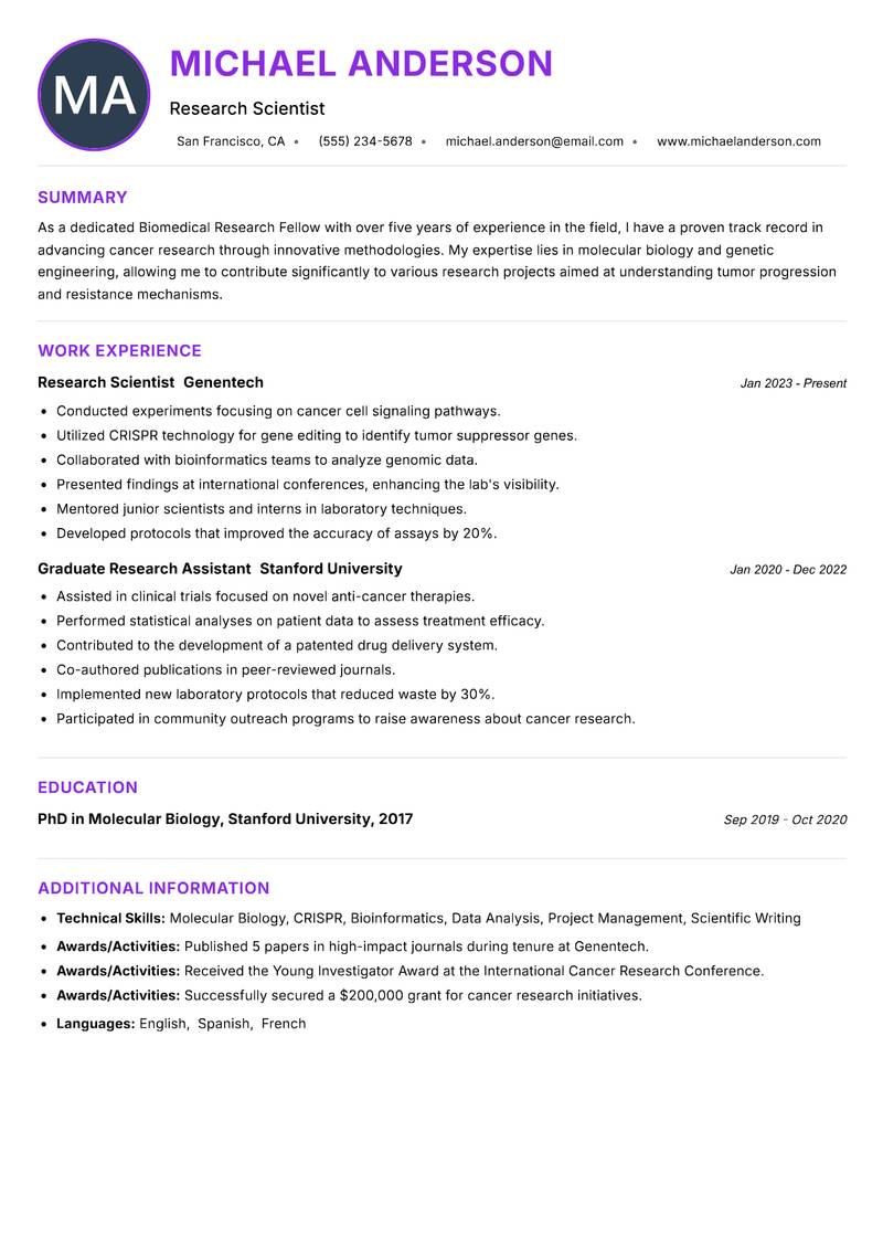 Biomedical Research Fellow resume example
