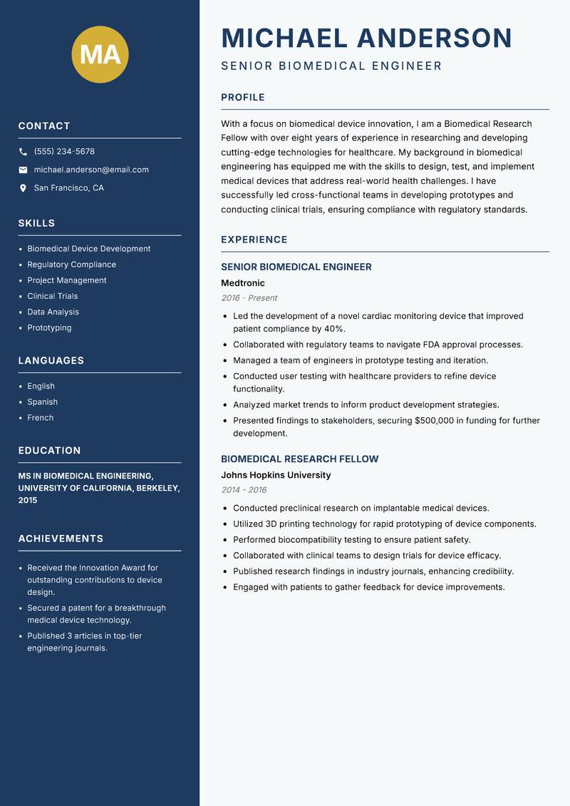 Biomedical Research Fellow resume sample — Senior Biomedical Engineer focus