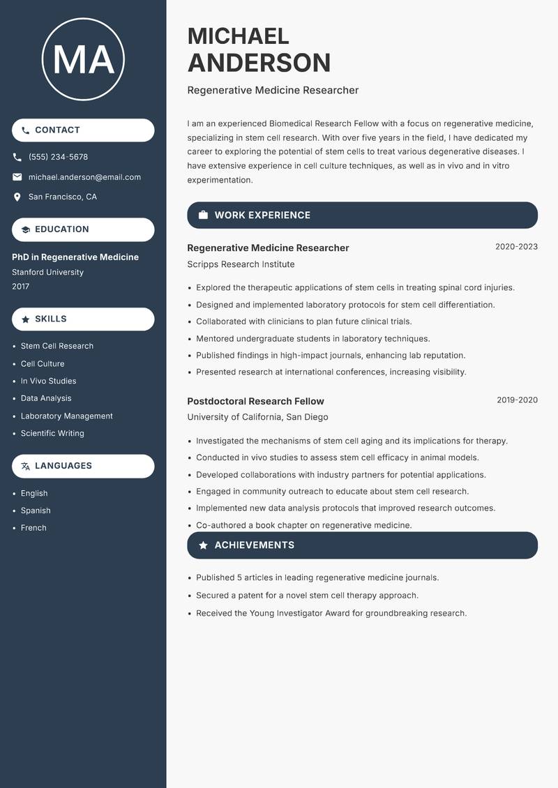 Biomedical Research Fellow resume sample — Regenerative Medicine Researcher focus