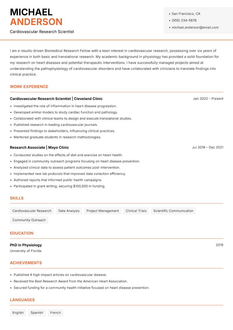 Biomedical Research Fellow resume sample — Cardiovascular Research Scientist focus