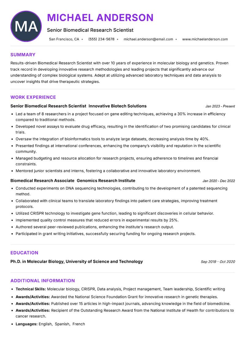 Biomedical Research Scientist resume example