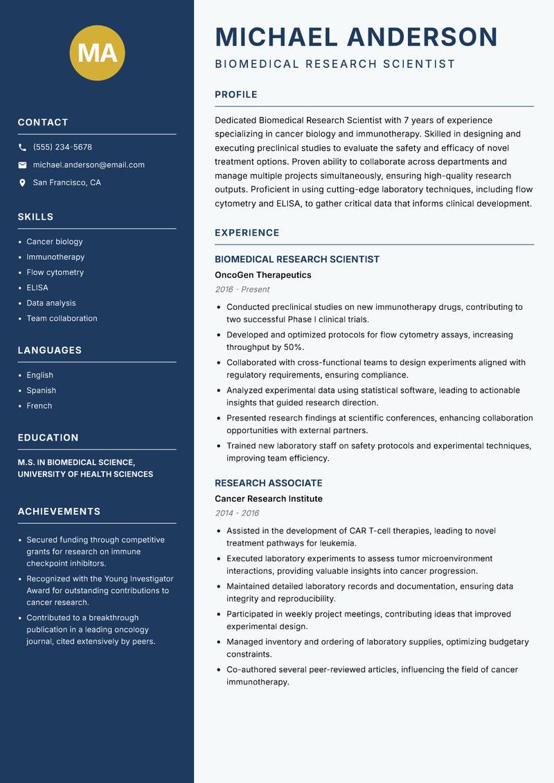Biomedical Research Scientist resume sample — Biomedical Research Scientist focus