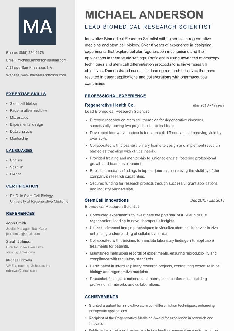 Biomedical Research Scientist resume sample — Lead Biomedical Research Scientist focus