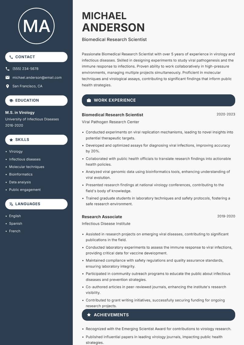 Biomedical Research Scientist resume sample — Biomedical Research Scientist focus