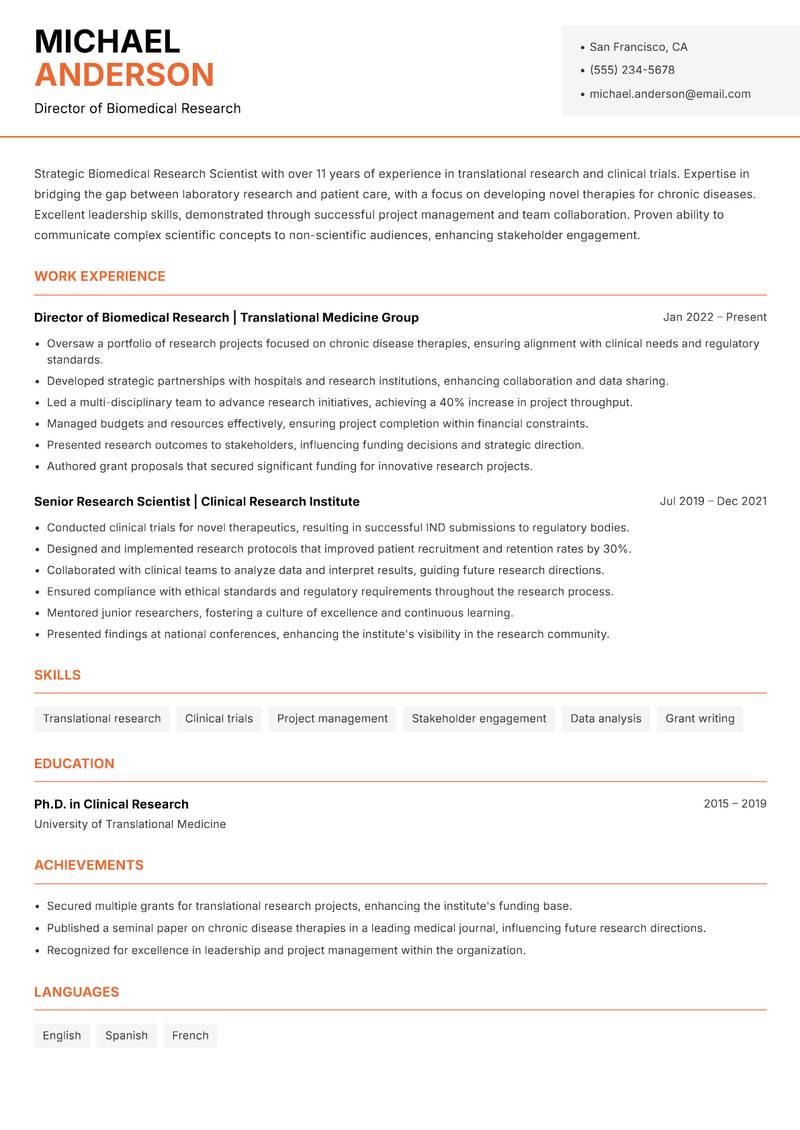 Biomedical Research Scientist resume sample — Director of Biomedical Research focus