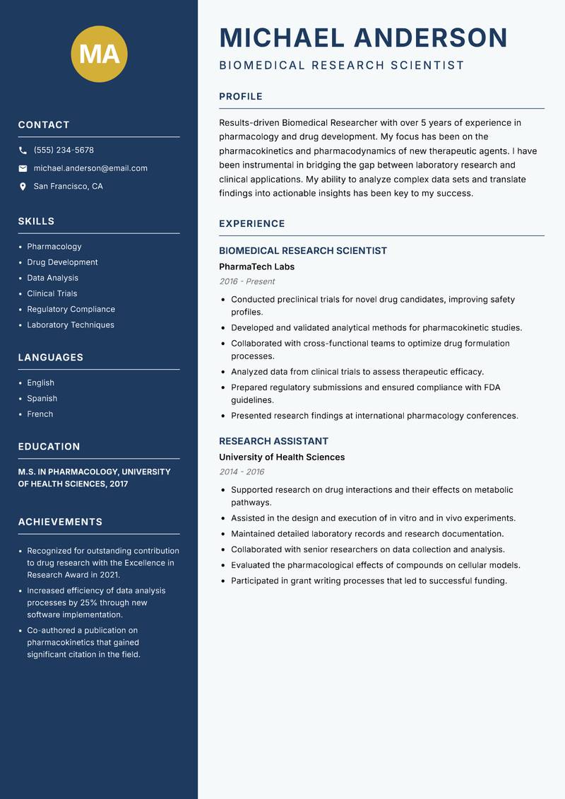 Biomedical Researcher resume sample — Biomedical Research Scientist focus