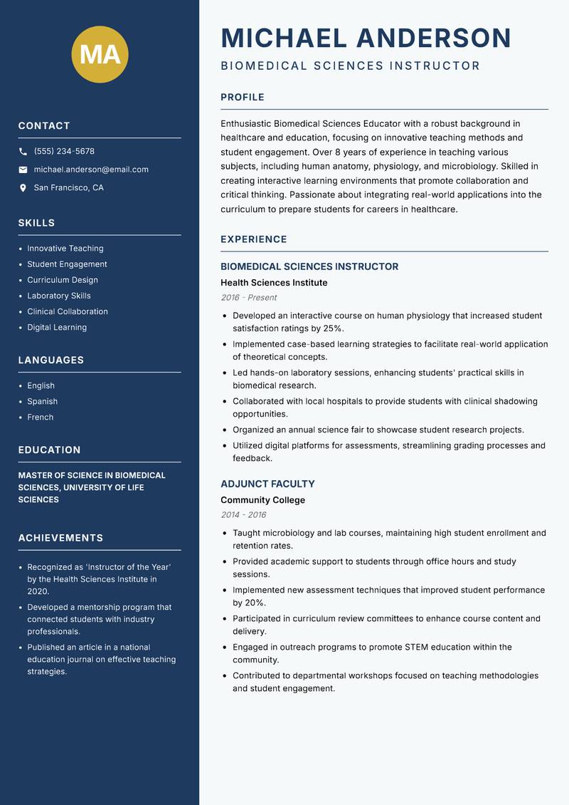 Biomedical Sciences Educator resume sample — Biomedical Sciences Instructor focus