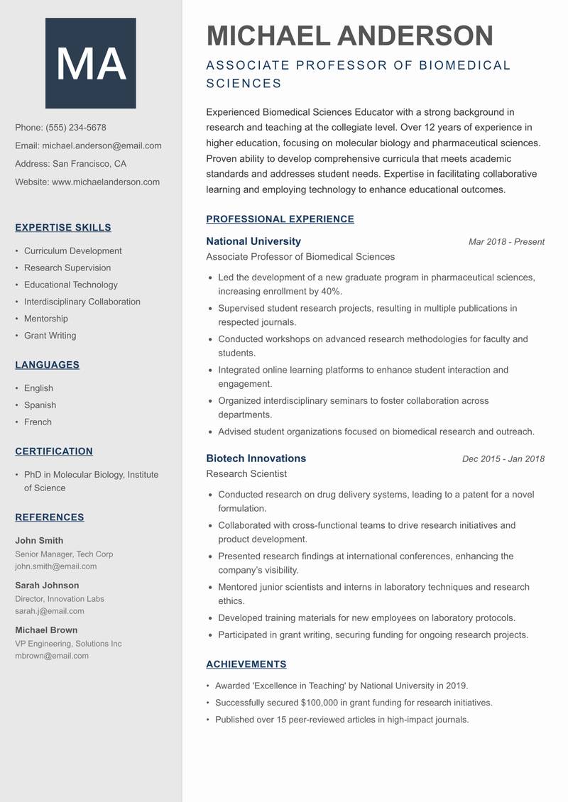 Biomedical Sciences Educator resume sample — Associate Professor of Biomedical Sciences focus