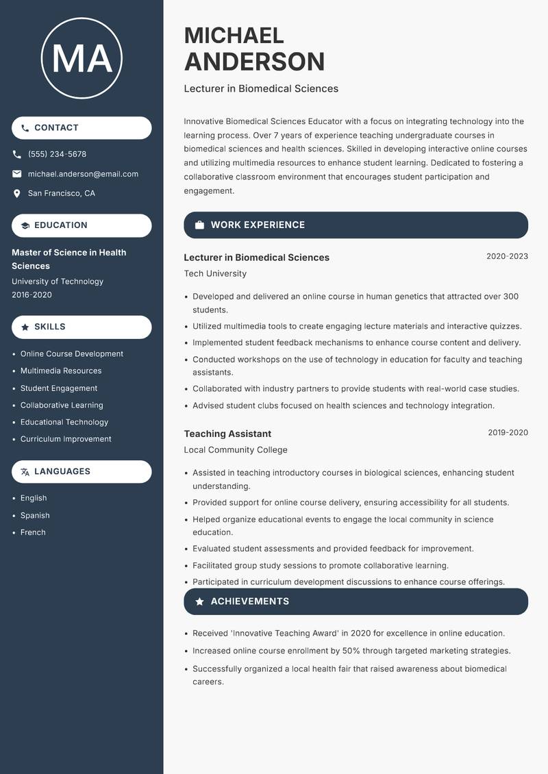 Biomedical Sciences Educator resume sample — Lecturer in Biomedical Sciences focus
