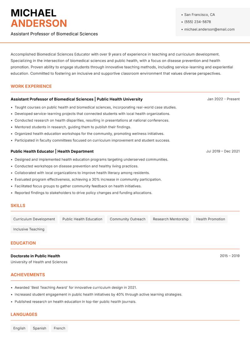 Biomedical Sciences Educator resume sample — Assistant Professor of Biomedical Sciences focus