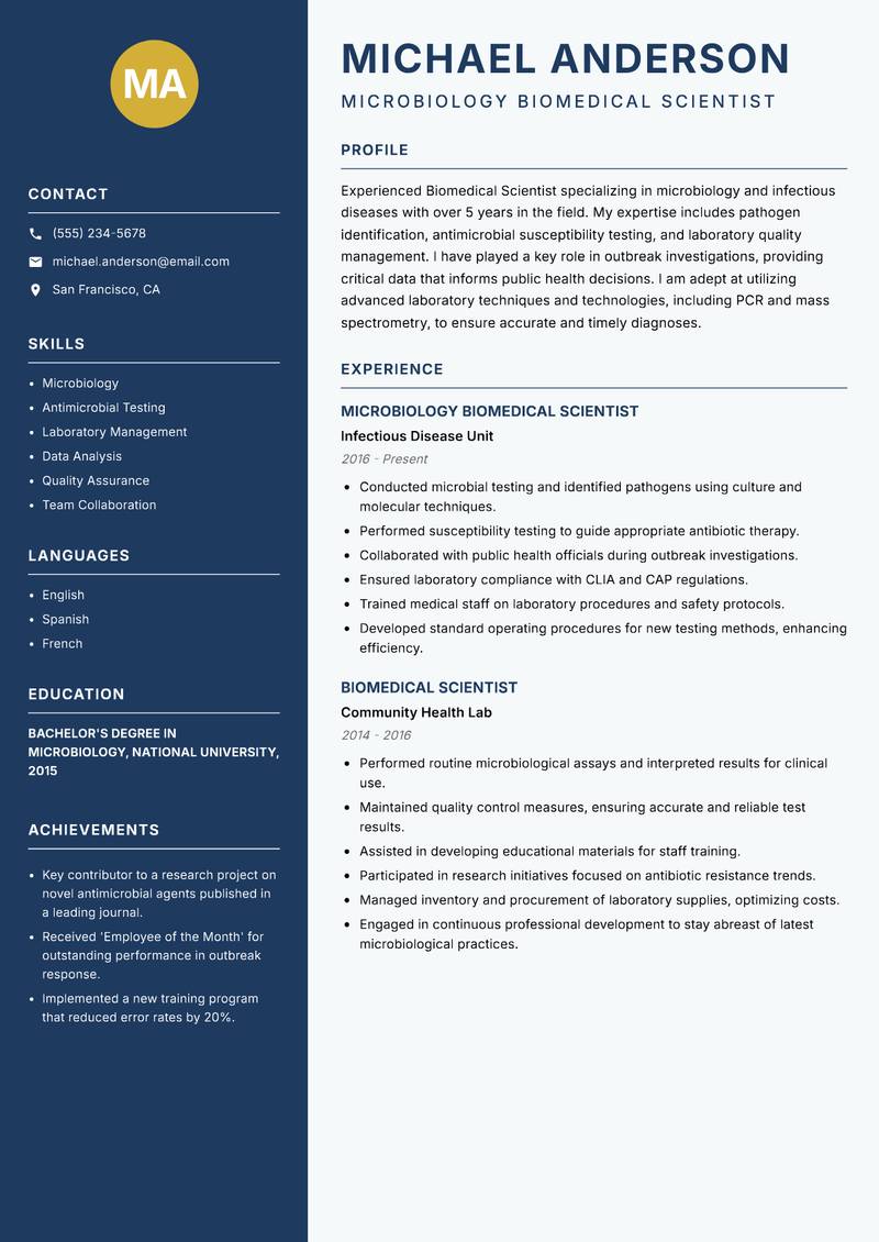 Biomedical Scientist resume sample — Microbiology Biomedical Scientist focus