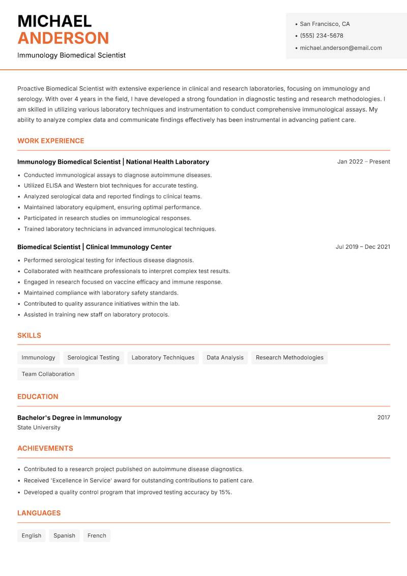 Biomedical Scientist resume sample — Immunology Biomedical Scientist focus