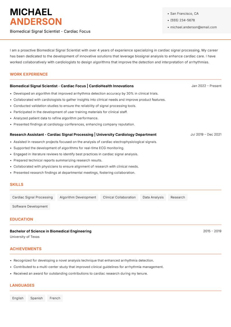 Biomedical Signal Scientist resume sample — Biomedical Signal Scientist - Cardiac Focus focus