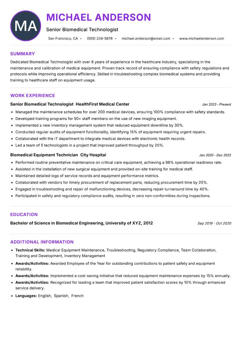 Biomedical Technologist resume example