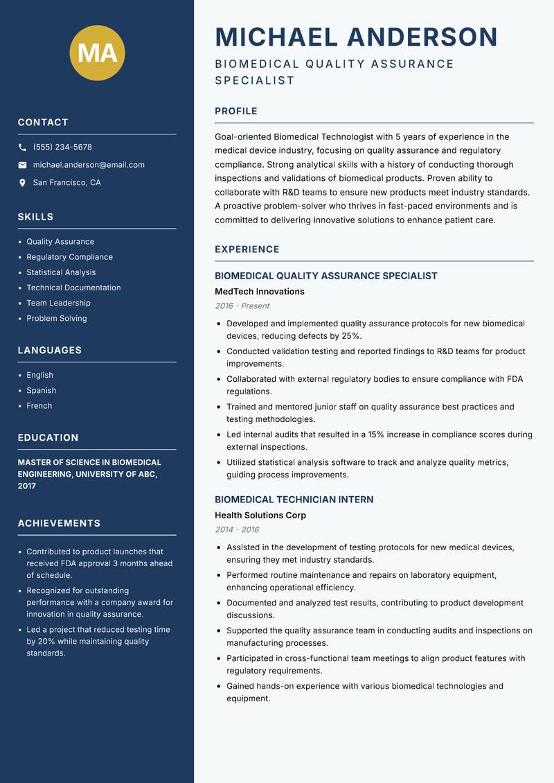Biomedical Technologist resume sample — Biomedical Quality Assurance Specialist focus
