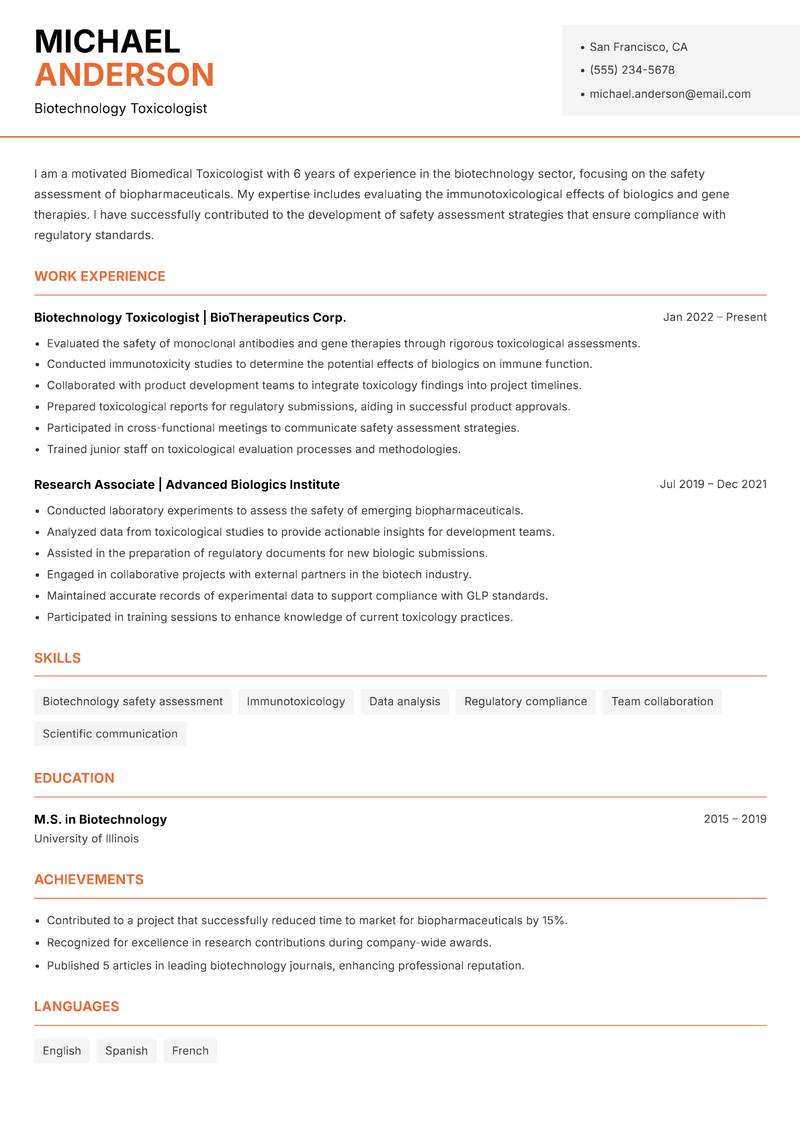 Biomedical Toxicologist resume sample — Biotechnology Toxicologist focus