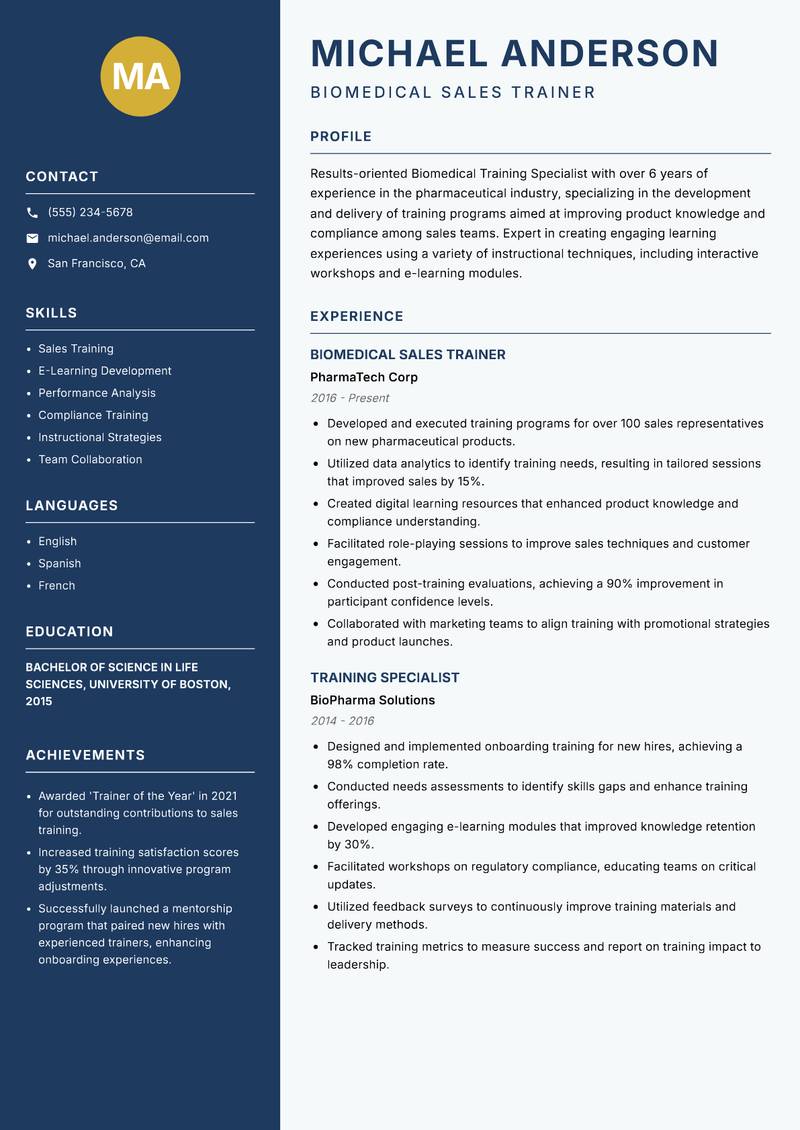 Biomedical Training Specialist resume sample — Biomedical Sales Trainer focus