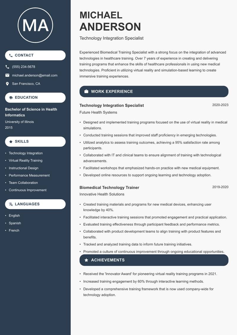 Biomedical Training Specialist resume sample — Technology Integration Specialist focus
