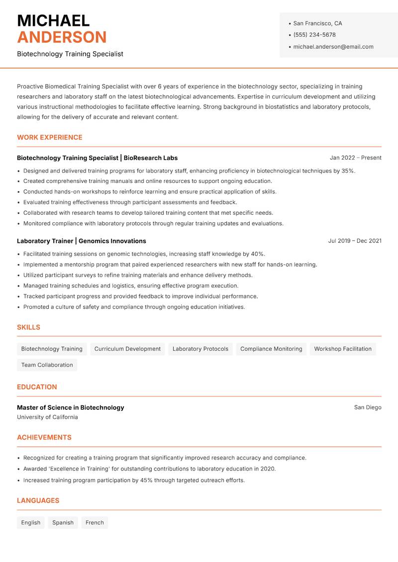 Biomedical Training Specialist resume sample — Biotechnology Training Specialist focus