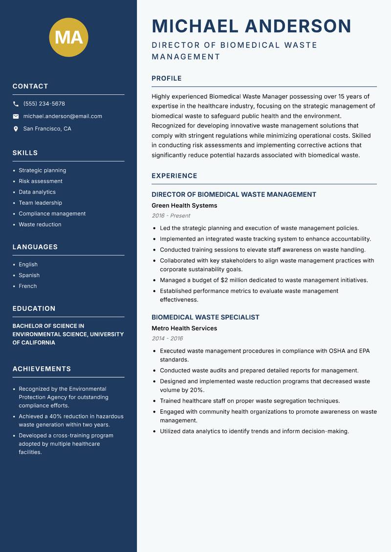 Biomedical Waste Manager resume sample — Director of Biomedical Waste Management focus