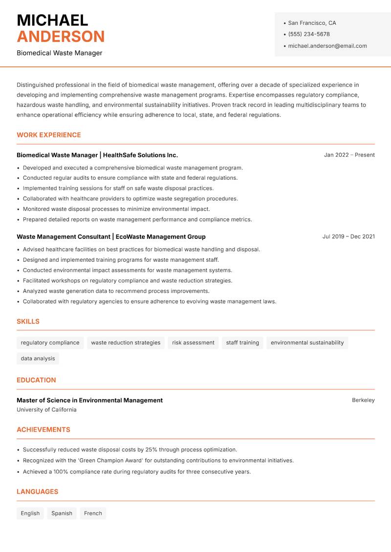 Biomedical Waste Manager resume sample — Biomedical Waste Manager focus