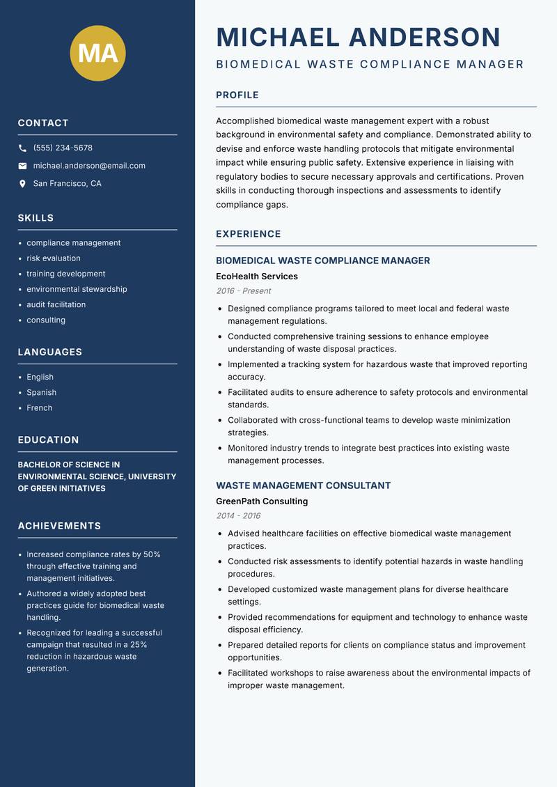 Biomedical Waste Officer resume sample — Biomedical Waste Compliance Manager focus