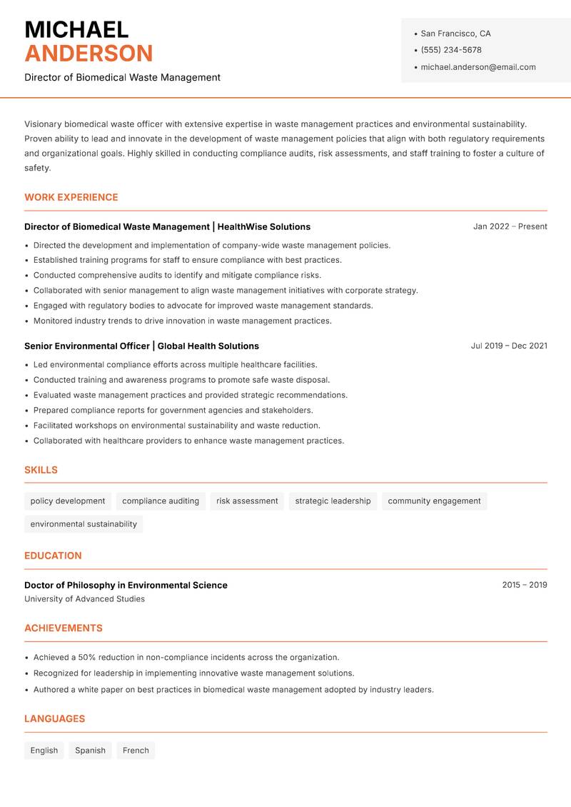Biomedical Waste Officer resume sample — Director of Biomedical Waste Management focus