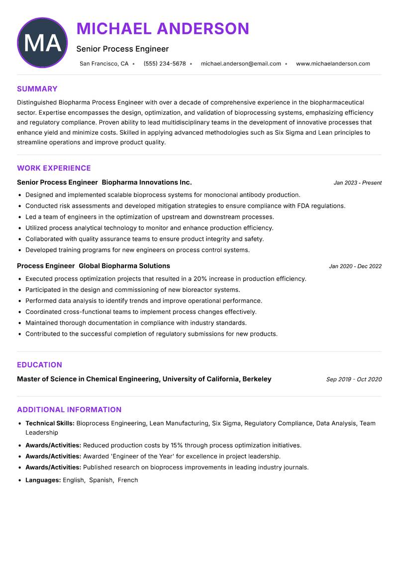 Biopharma Process Engineer resume example