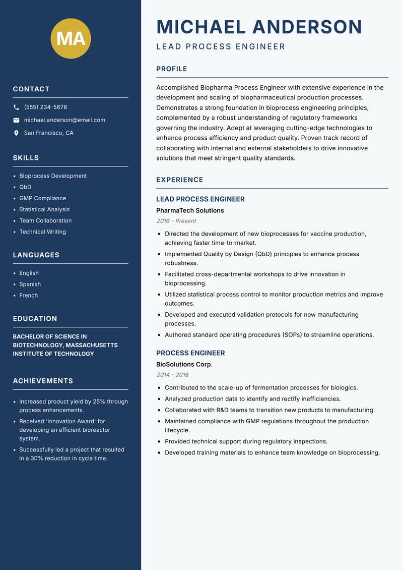 Biopharma Process Engineer resume sample — Lead Process Engineer focus