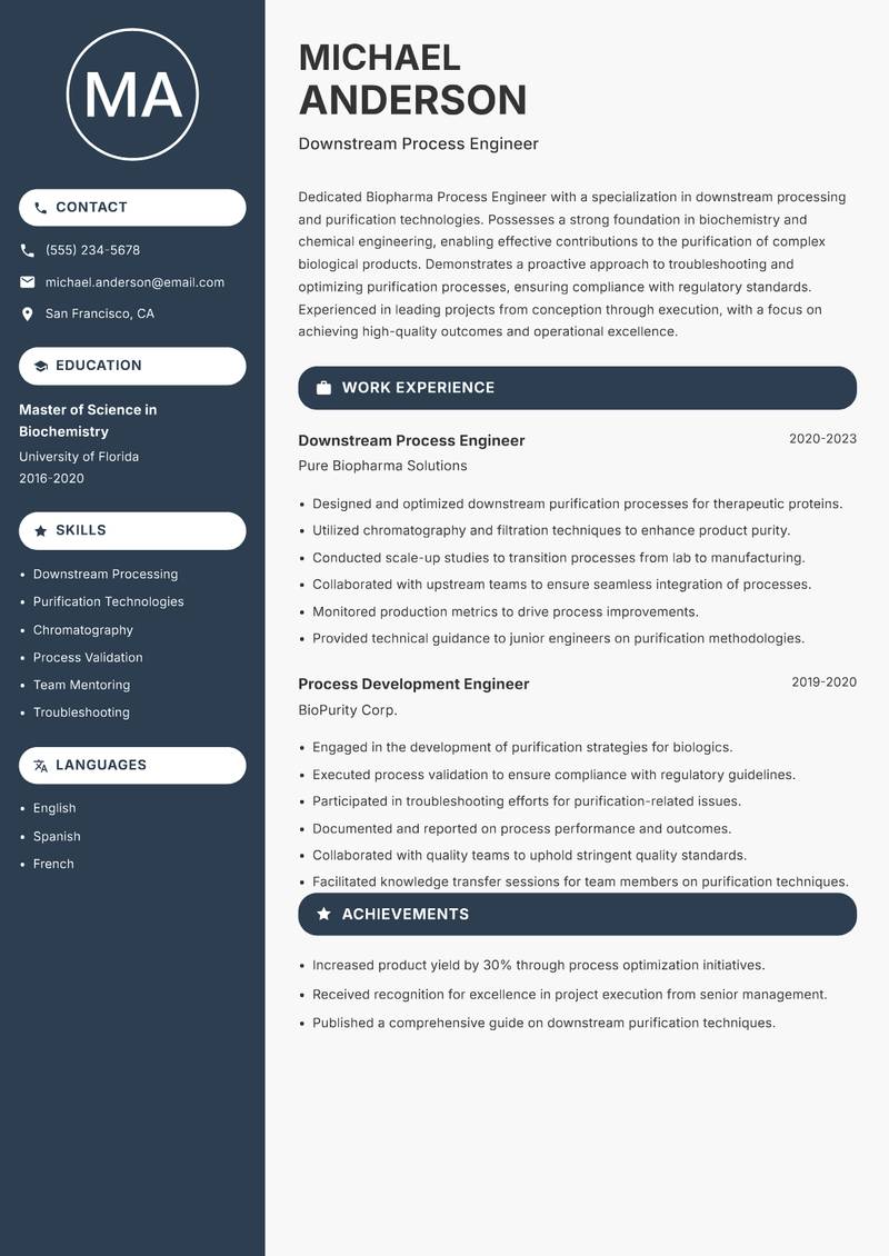 Biopharma Process Engineer resume sample — Downstream Process Engineer focus