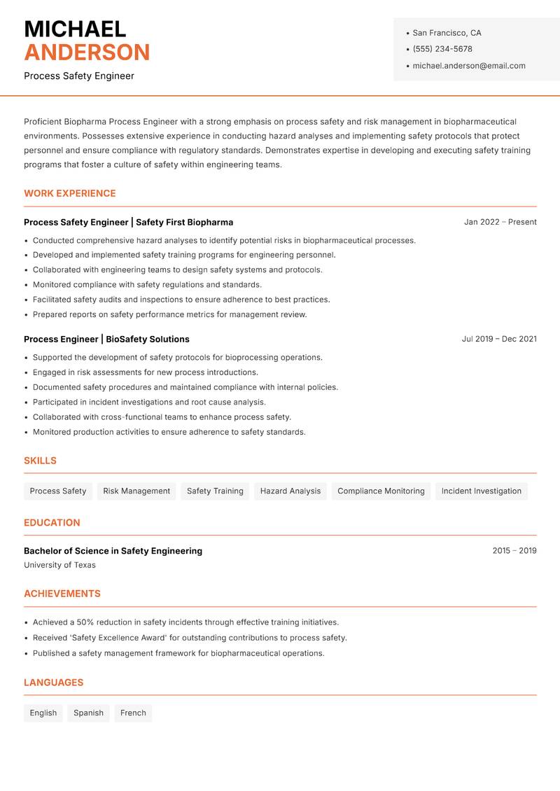 Biopharma Process Engineer resume sample — Process Safety Engineer focus