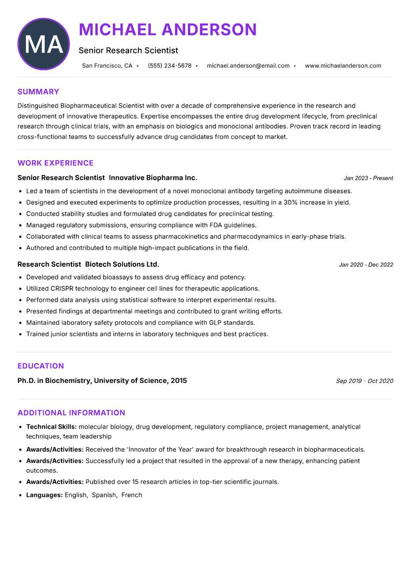 Biopharmaceutical Scientist resume example