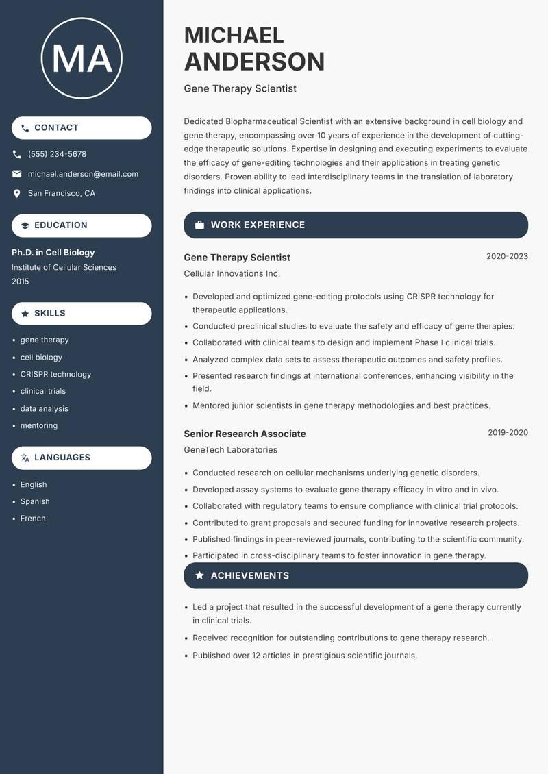 Biopharmaceutical Scientist resume sample — Gene Therapy Scientist focus
