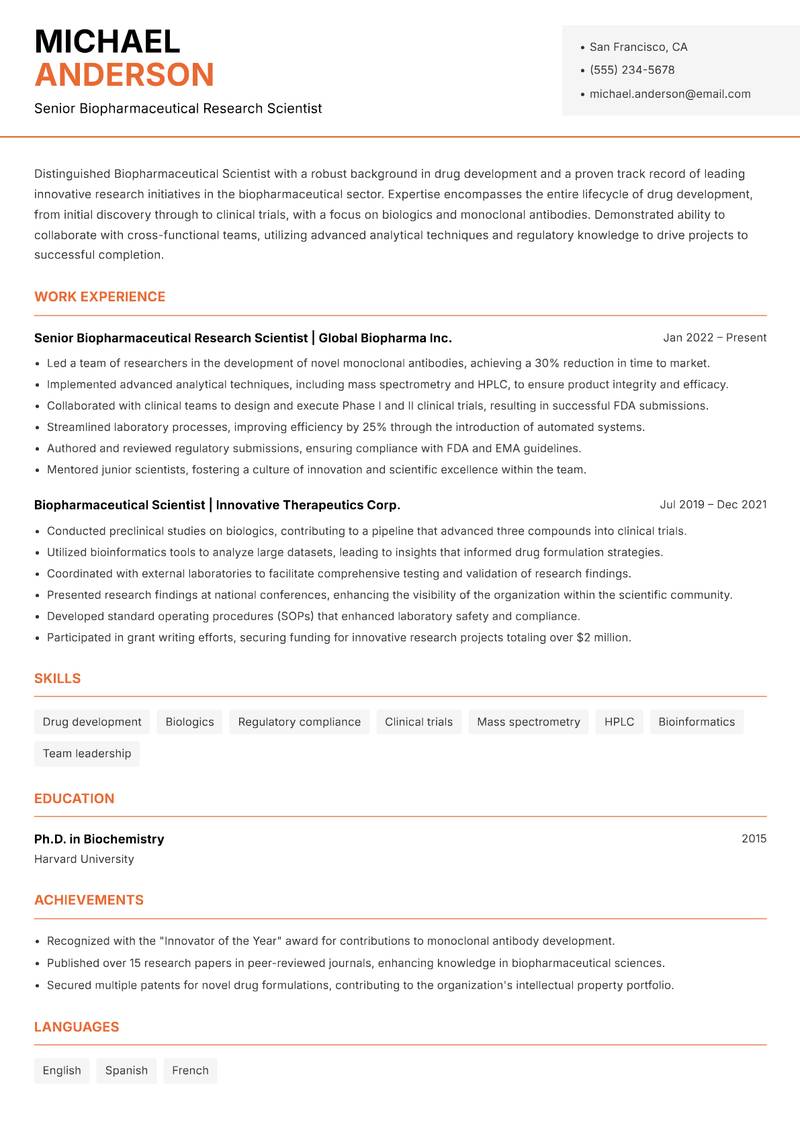 Biopharmaceutical Scientist resume sample — Senior Biopharmaceutical Research Scientist focus